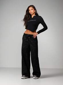 Missguided x Playboy 长袖水钻烫钻V领T恤，饰有兔子图案，适合休闲冬季穿着 - 黑色 - 查看 3