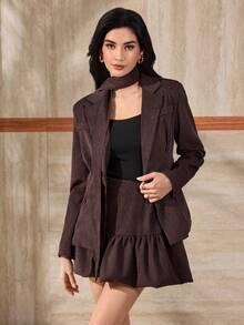 Modelyn Women's Autumn Fashion Elegant Ruched Waist Peplum Two Pieces Set - Brown - View 7