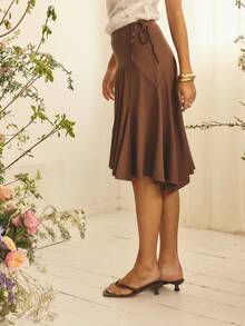 Aralina 女士低腰不对称手帕下摆不对称缝线细节针织棕色半身裙 秋冬简约纯色不对称下摆半身裙 巧克力棕色半身裙 棕色中长半身裙 棕色裹身半身裙 系带腰身可爱度假外出乡村风半身裙 飘逸半身裙 - 棕色 - 查看 5