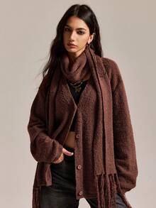 Easelle Vintage Casual Coffee Color Casual Loose Fit Long Sleeve Button Front Cardigan For Women Winter Clothes For Women New Year  Christmas - Coffee Brown - View 6