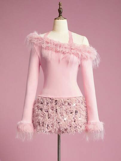 Kawaii Y2K sexy Feder Patchwork Spitzenbesatz Tiefer V-Ausschnitt Langarm Slim Fit T-Shirt, sinnlich & elegantes Damen Top