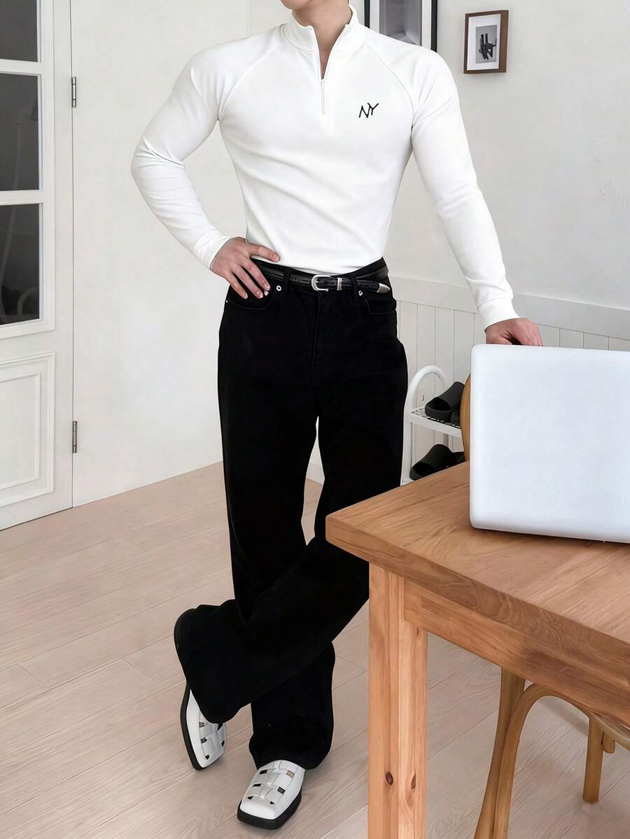 DAZY 男士字母刺绣白色插肩袖修身长袖T恤，秋季四分之一拉链款 - 米色 - 查看 1