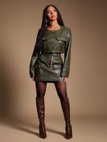 Radiana Women's PU Leather Short Jacket, Vintage Motorcycle Style, Long Sleeve, Cropped, High-Quality, Autumn/Winter Olive Green,جاكيتات شتويه نسائي - Army Green - View 4