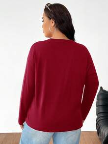 SHEIN EZwear 秋季大码纯色休闲长袖T恤 - 紅色 - 查看 2