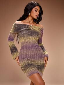 Radiana Metal Buckle Decor Off Shoulder Flare Sleeve Jacquard Knit Sweater Dress, Regular Fit, Autumn/Winter Buzz Light Year;كنزات شتوية نسائي;Red Violet - Multicolor - View 5