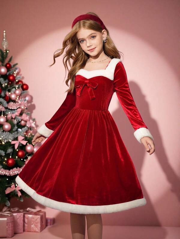 Christmas Holiday Reindeer Velvet Red Waist Flared Girls Dress, Autumn/Winter Girls Christmas Dress Christmas Dress For Girls Girls Holiday Dress Fall