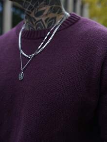 Artur Kramer 新款男士街头风格美式图案纯色圆领休闲宽松落肩短款针织毛衣套头衫，适合春秋冬季 - 酒紅色 - 查看 3