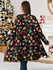 EMERY ROSE Plus Size Women Casual Christmas Element Pattern Loose Fit Long Sleeve Cardigan Jacket, Suitable For Summer And Christmas/Winter - Multicolor - View 2
