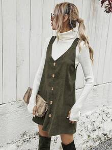 SHEIN Tall New Elegant Sleeveless Slimming Women's Dress, Green Women's Dress With Button Design, Casual And Versatile Dress, Vest Dress, Autumn And Winter Women's Dress. - Army Green - View 5