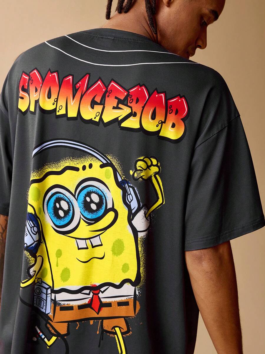 SpongeBob SquarePants | SHEIN 男士休闲卡通图案短袖T恤，夏季 - 深灰色 - 查看 1