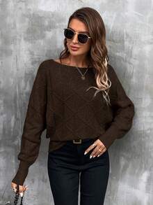 LanaWest 女士休闲日常通勤简约百搭纯色纹理针织宽松毛衣，秋冬 - 咖啡棕 - 查看 6