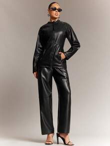 Hauture Women's Solid Color Minimalist Everyday Zip-Up Jacket - Black - View 3