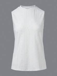 EMERY ROSE Solid Color Hollow Out Embroidery Detail Round Neck Tank Top For Summer - White - View 3