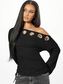 SUMWON WOMEN Off Shoulder Long Sleeve Top With Metal Eyelet Details And Drawstring Hem - Black - View 1