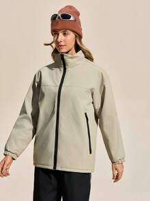 Exploreva Women's 150D Mechanical Stretch Stand Collar Zip Front Jacket Water Proof Jacket Woman Outdoor Clothes Women Women Athleisure - Khaki - View 3