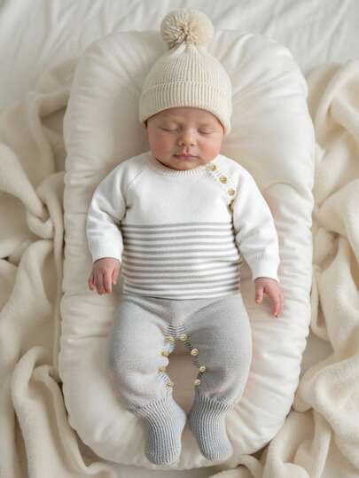 SHEIN Baby Boys/Girls Knitted Long Sleeve Jumpsuit, Comfortable Crew Neck Sweater Jumpsuit, Suitable For Autumn/Winter, Gray, White, Striped, Versatile For Daily Wear, Casual, Chic, Suitable For Home, Outings, Daycare Baby Boy Newborn Accessories Knitted Baby Boy Outfit Woodland Baby Clothes