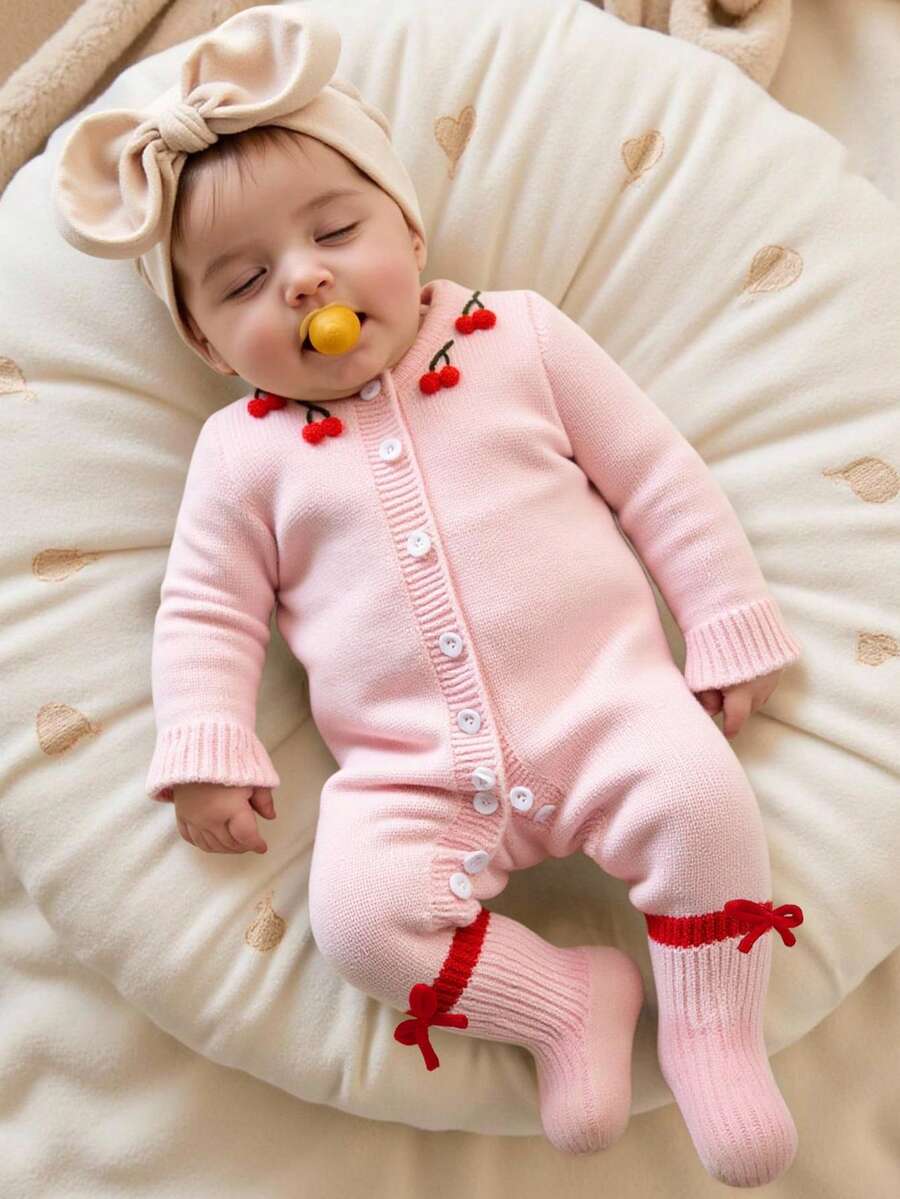 SHEIN 女婴休闲可爱白色刺绣花卉针织连体衣，柔软舒适，适合日常、外出、旅行、度假、居家、托儿所、女婴玩耍、圣诞节、返校、派对等场合。