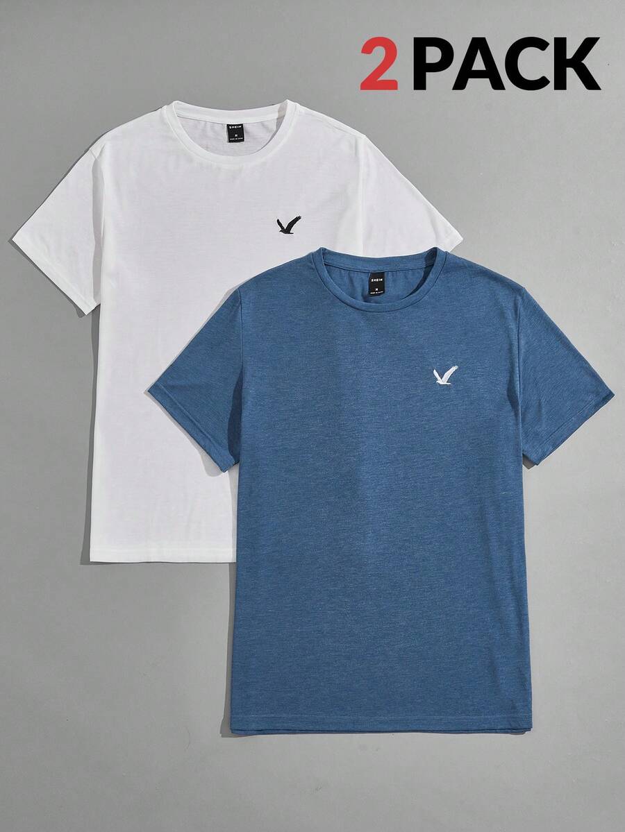 Manfinity BRENVOR Men 2pcs Bird Embroidery Short Sleeve Tee, Boyfriend Gift, For Work, Summer, Couple Things - Multicolor - View 1