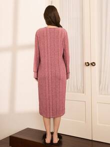 Moireta Women's Contrast Color Long Sleeve Nightgown, Winter - Redwood - View 2