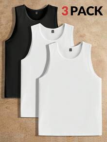 HIMLAND 3pcs Pack Men's Knitted Casual Top Men Tank Tops Pack Men Sleeveless T-Shirts White Tank Top Men Multi Pack Men Tops Sleeveless Men Tank Tops Multi Pack Men Sleeveless Tops - Black and White - View 1