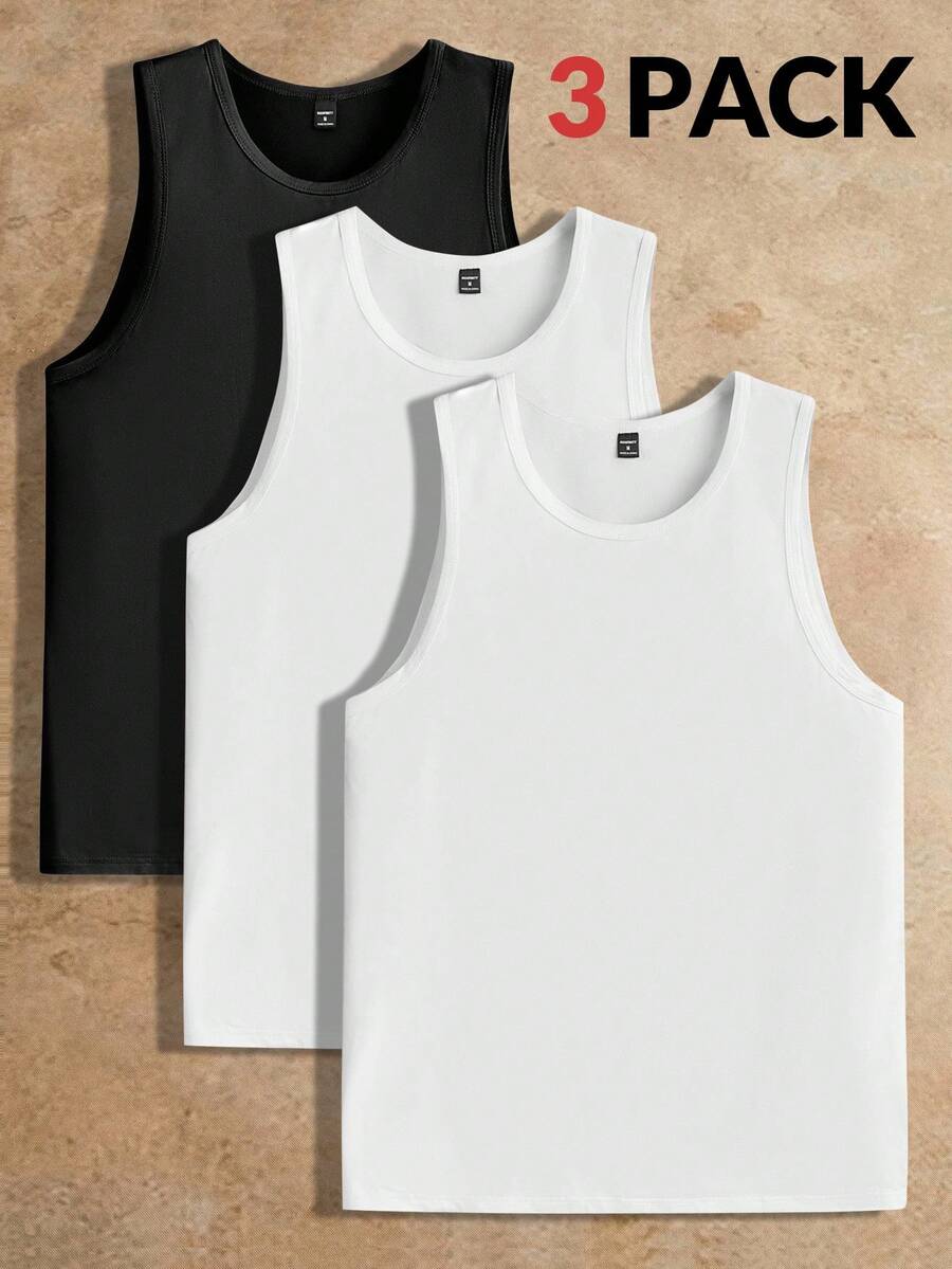 HIMLAND 3pcs Pack Men's Knitted Casual Top Men Tank Tops Pack Men Sleeveless T-Shirts White Tank Top Men Multi Pack Men Tops Sleeveless Men Tank Tops Multi Pack Men Sleeveless Tops - Black and White - View 1