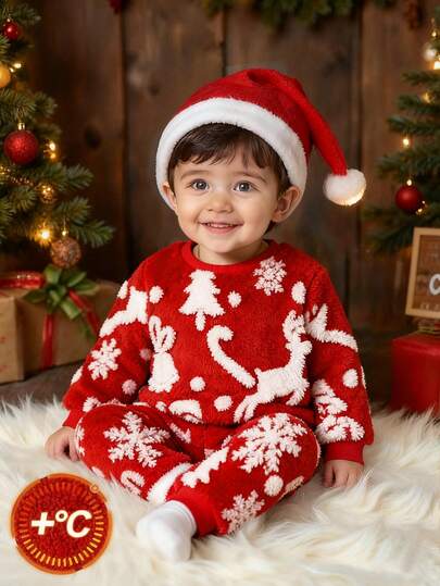 SHEIN 2pcs/Set Baby Toddler Christmas Fleece Sweatshirt And Sweatpants Set,Red And White,Autumn,Cute,Family Matching Graphic Outfit For Indoor&Outdoor