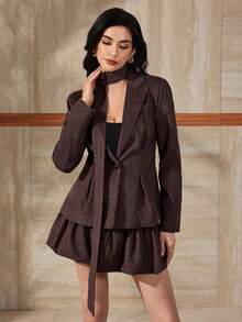 Modelyn Women's Autumn Fashion Elegant Ruched Waist Peplum Two Pieces Set - Brown - View 3