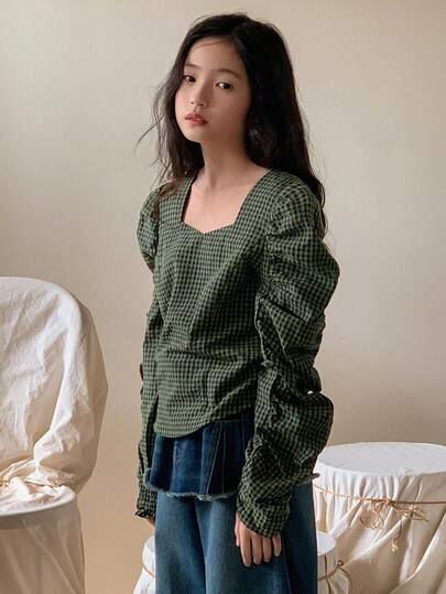 Tween Girls Plaid Long Sleeve Woven Shirt