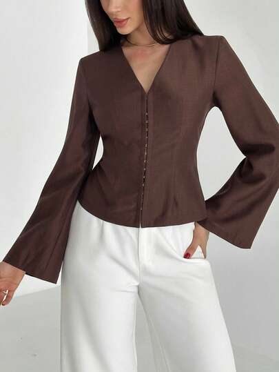 Aloruh 女士休闲纯色V领长袖衬衫，日常百搭