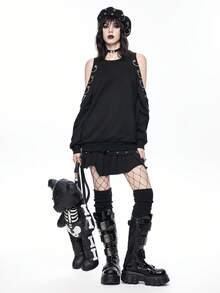 ROMWE Goth 哥特式镂空肩部金属孔眼装饰女式卫衣 - 黑色 - 查看 6