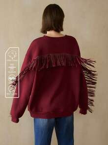 Arave Women's Cotton Loose Round Neck Fringe Design Everyday Casual Long Sleeve Sweatshirt    Winter Clothes For Women Tassel Sweatshirt Red Sweatshirt - Red - View 1