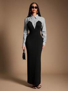 Radiana 大码女式优雅独特黑白条纹二合一衬衫裙，适合办公室/工作场合、商务休闲、通勤、约会、聚会、休闲外出、秋冬季穿着。 - 彩色 - 查看 5