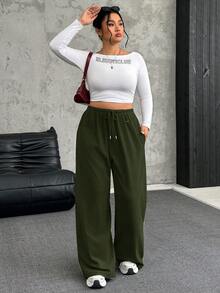 SHEIN EZwear 加大码橄榄绿抓绒保暖舒适休闲抽绳宽松裤 - 軍綠色 - 查看 4