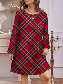 SHEIN LUNE Abito mini a maniche a lanterna con stampa a quadri natalizi, adatto per donne taglia comoda, per autunno/inverno. Abito a quadri da donna, abito a quadri rosso, abito con stampa a quadri, adatto per feste di Capodanno, abbigliamento invernale da donna, abito invernale da donna, abito di Capodanno, abiti di Capodanno da donna, Capodanno donna, abito da festa, abiti da festa per donna, abiti eleganti da donna, abito rosso da donna, quadri