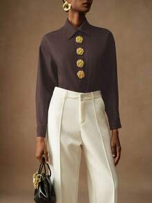Vesra Blus Wanita Lengan Panjang Elegan Warna Polos Motif Bunga dengan Kancing - Chocolate Brown - View 7