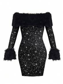Cravure Abito elegante da donna taglie forti, abito da festa luccicante per banchetti, feste, raduni, riflettori, stile da regina, sexy spalle scoperte, decorazione in pelliccia maniche lunghe super corto, abito nero luccicante sexy super corto - nero - Visualizzare 5