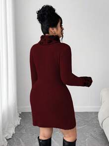 Elenzga 大码女式豹纹拼接长袖毛衣连衣裙，休闲外套，适合婚礼宾客、秋冬季穿着 - 酒紅色 - 查看 2