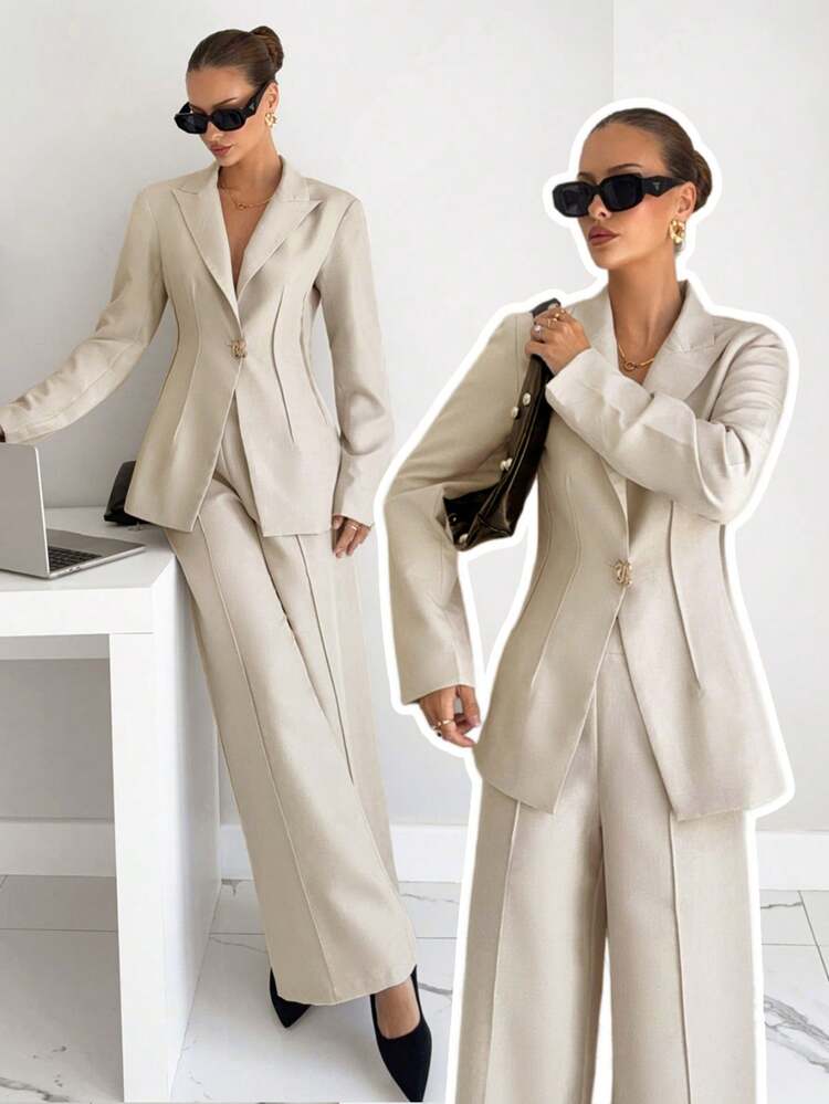 Siren Gaze 女士纯色单扣西装套装，适合秋季通勤，裙装套装，女士西装套装，两件套，优雅女士套装，冬季女装，女士正装，办公室着装，复古风格两件套西装 - 淺灰色 - 查看 1