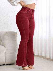 Flexra Plus Size High Waist Slim Fit Flare Leg Washed Dark Blue Jeans - Red - View 6