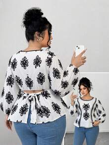 SHEIN Elenzya Áo cánh dài tay ôm sát cổ tròn in họa tiết cho nữ, áo khoác ngoài thường ngày - Nhiều màu - Xem 2