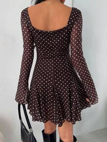 MainGRL Váy mini chấm bi dài tay thường ngày mới, mùa thu - Cà phê nâu - Xem 2