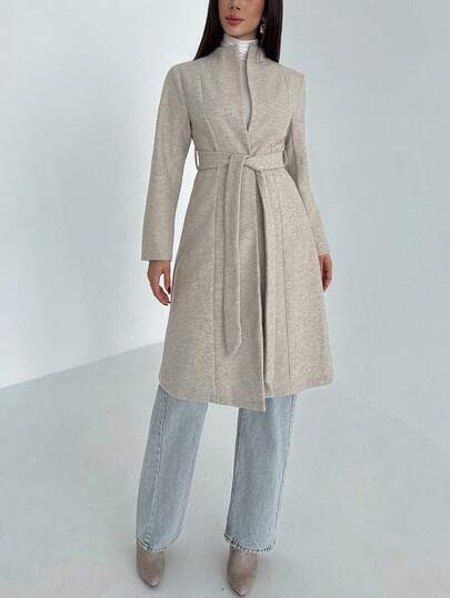 Aloruh Chaqueta casual de mujer de unicolor de manga larga con cinturón, otoño/invierno