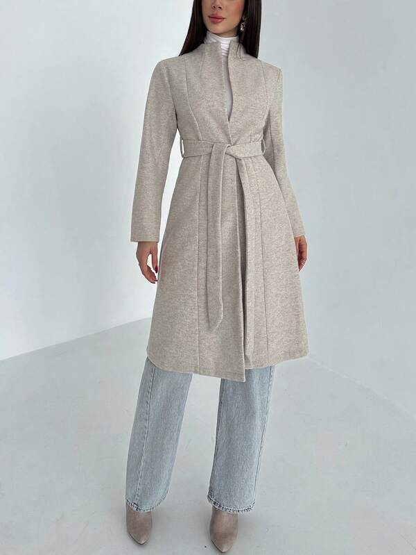 Aloruh Women's Solid Color Long Sleeve Belted Casual Jacket, Autumn/Winter