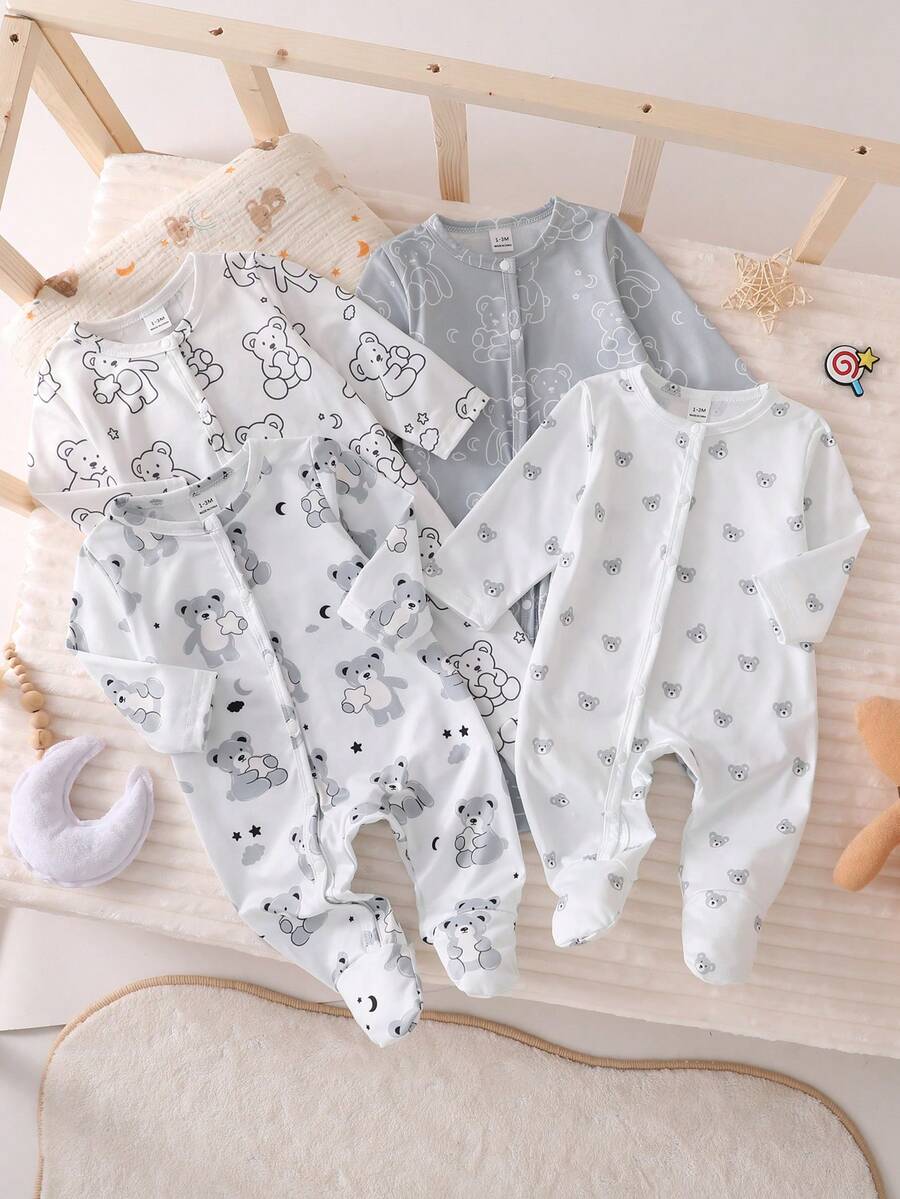 4pcs Newborn Bear Pattern Khaki Long Sleeve Footed Jumpsuit Pajamas Set Bear Pattern Winter Home Wear (4-Piece Set) Baby Unisex Clothes Sets Newborn Baby Boy Romper Long Sleeve Baby Girls Printed Romper 2pcs Newborn Baby Bear Print Romper - Multicolor - View 1