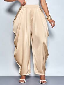 SOLERSUN Women's Elegant Fashion Loose Champagne Pleated Pocket Satin Pants, Suitable For Afternoon Tea, Gathering, Fashionable Outing, Dating, Sweet Outing, Night Out, Christmas Party, New Year's Eve, Holiday, Sexy Women's, Club,Suitable For Christmas Party Vacation & Valentine's Day Dating - Apricot - View 7