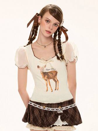Kawaii T-shirt femme à col reine Anne avec imprimé mignon de cerf et nœud décoratif