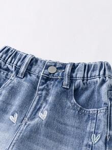 Jeans de pierna ancha de mezclilla desgastada y desteñida con panel frontal personalizado y lazo 3D, pantalones casuales versátiles, azul, estilo niñas de los 90s, K-pop de los 90s - Azul - Ver 5