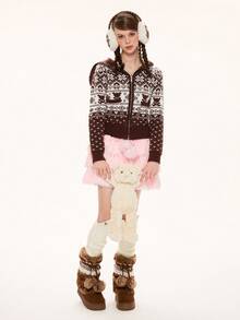 ROMWE Kawaii 女士休闲几何图案拉链连帽开衫，秋冬季 - 棕色 - 查看 6