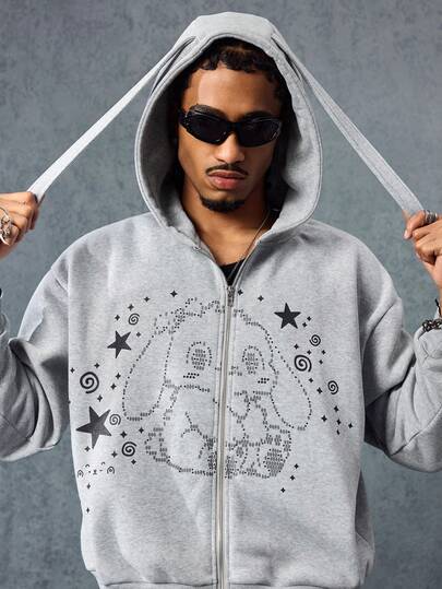 Street Life Sudadera con capucha con orejas de conejo para hombres, estampado minimalista, sudadera de manga larga