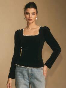 Poéselle Women's Velvet Square-Neck Long-Sleeve Top, Elegant Puff-Shoulder Top For Holiday & Evening, Faux Pearl Embellished Top, Velvet Black Square Neck Top, Holiday Going Out Top - Black - View 2